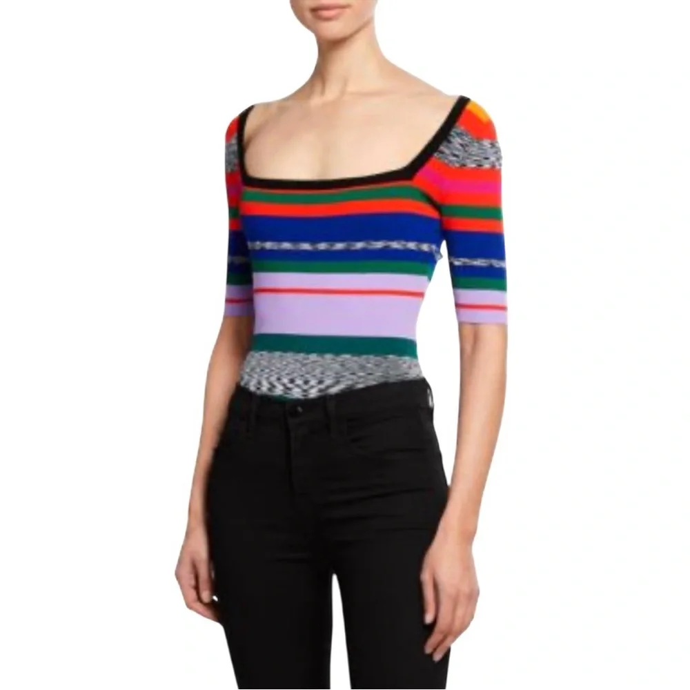 MILLY Rainbow Stripe Square Neck Knit Top ASO Ali Fisher Preppy Academia Sporty - Picture 8 of 17